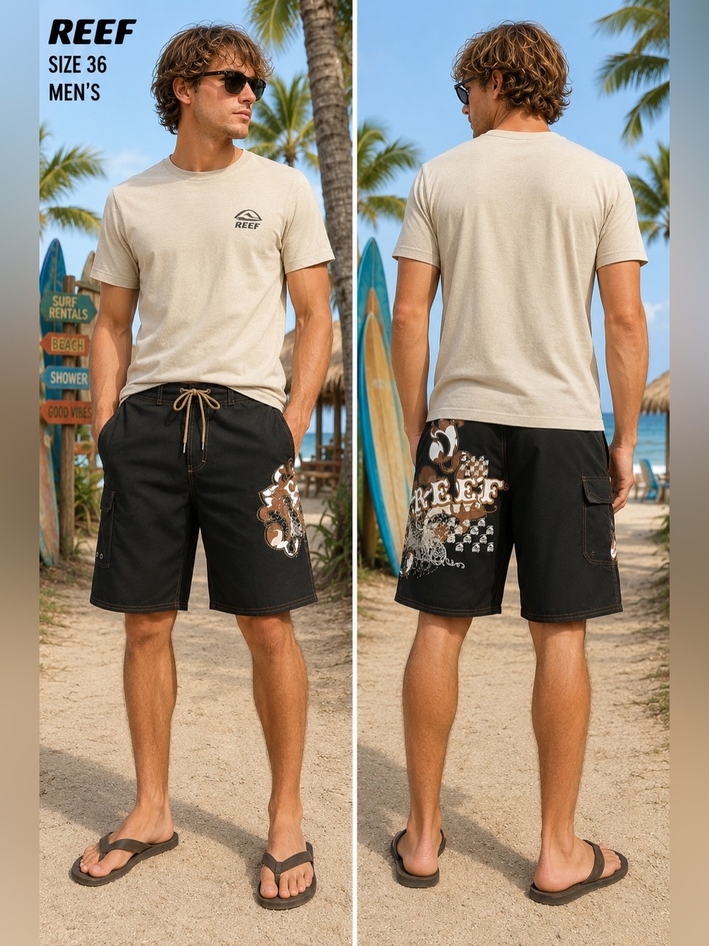 Reef Black Graphic Board Shorts Mens 36 black Surf Swim Beach Cargo Pocket skate